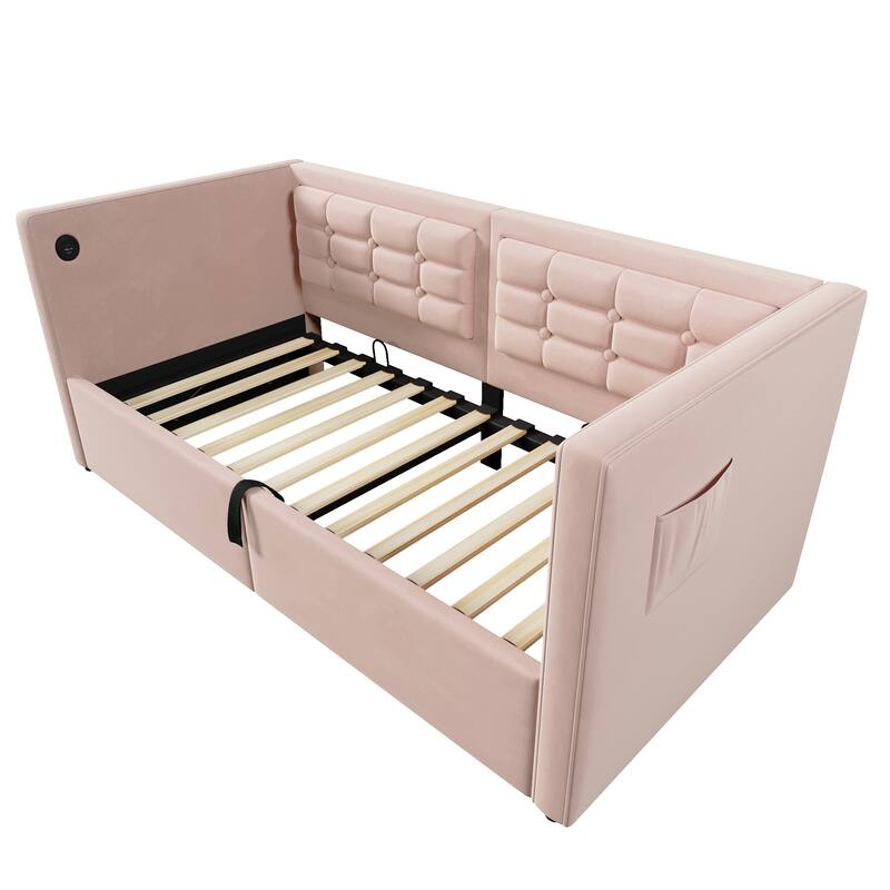 Velvet Tufted Upholstered Daybed Hydraulic Storage Twin Bed Frame with USB & Type-C Charging, Side Pockets and Wooden Slats