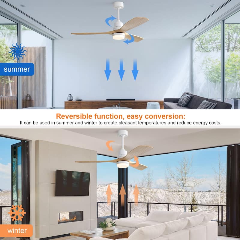 52" Solid Wood Noiseless 3-Blade Ceiling Fans with Dimmable LED Light Optional and Remote, 6-Speed Reversible DC Motor