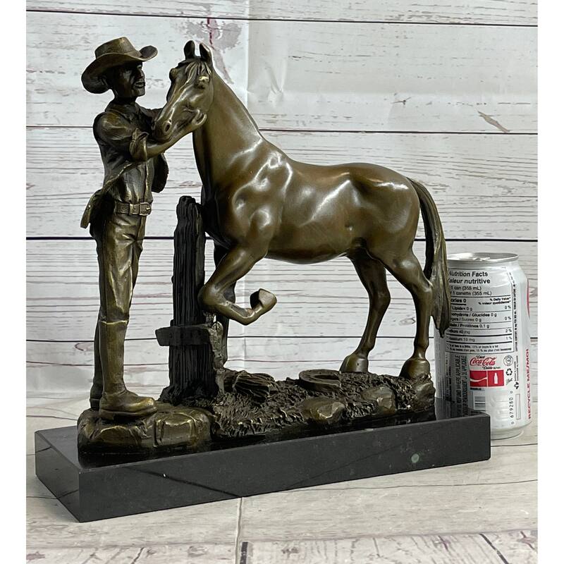 Cowboy Rancher Tending Imitative Horse Bronze Statue Sculpture Figure Western Decor 11 Inches X 12 Inches