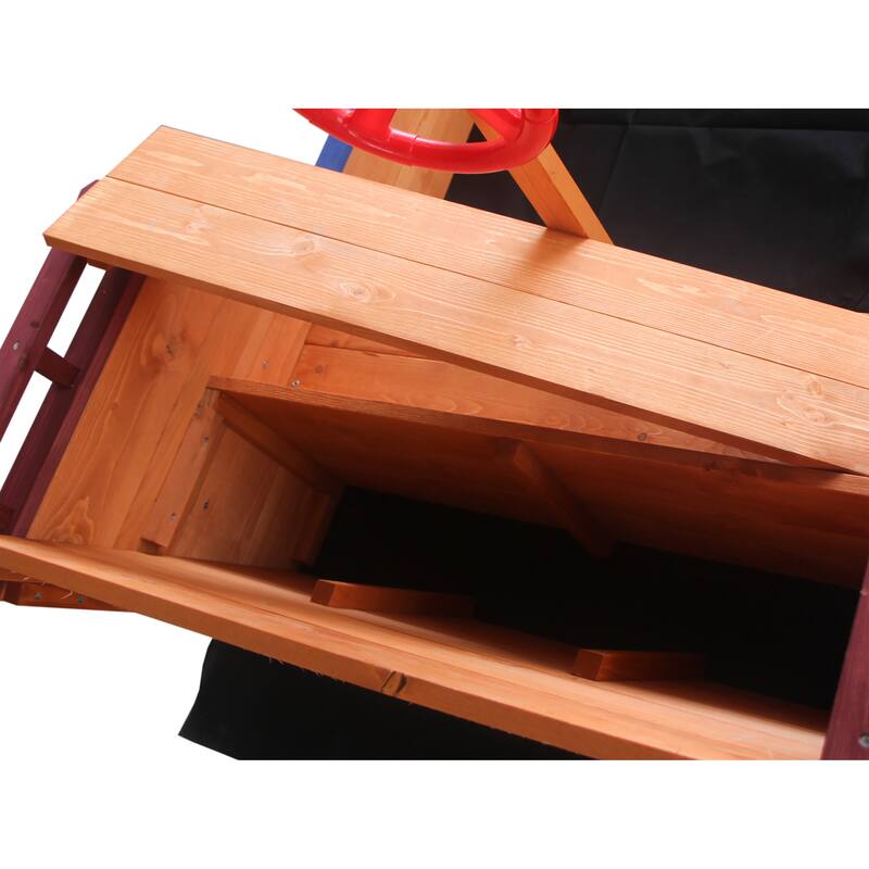 Outsunny Pirate Ship Sandbox with Cover and Rudder, Wooden Sandbox with Storage Bench and Seat, Outdoor Toy for 3-8 Years Old