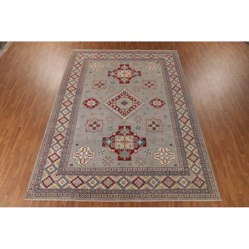 Gray Geometric Kazak Oriental Area Rug Handmade Wool Carpet - 9'11"x 13'3"