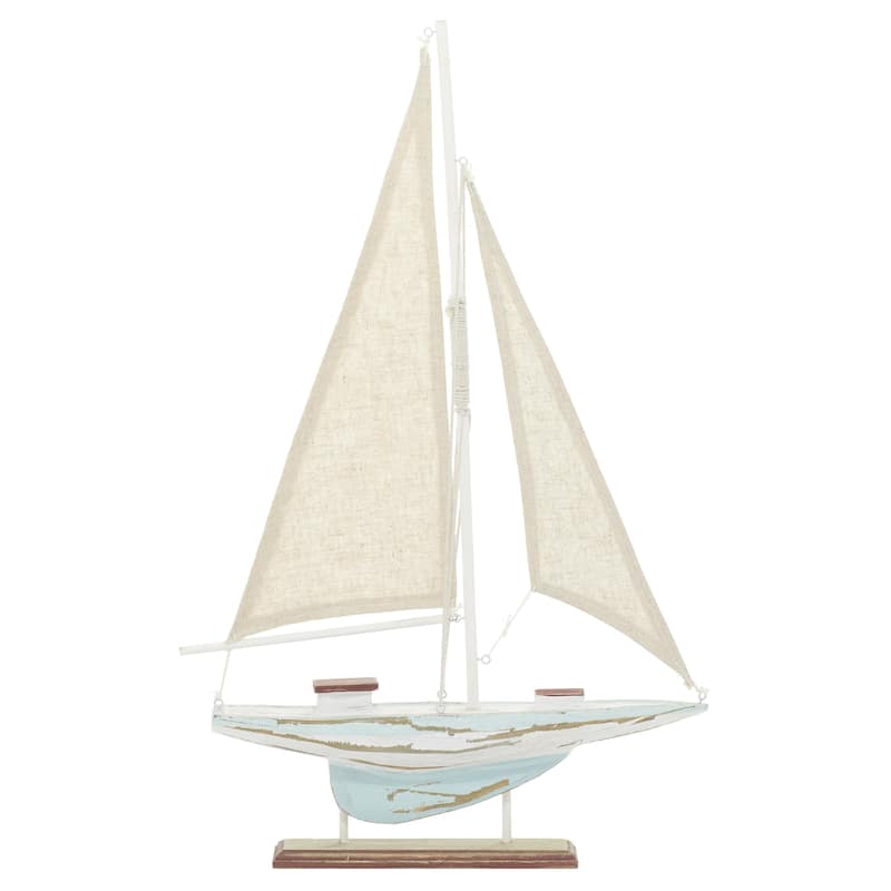 Blue Wood Distressed Sail Boat Decorative Sculpture with Cream Linen Sails and Brown Accents