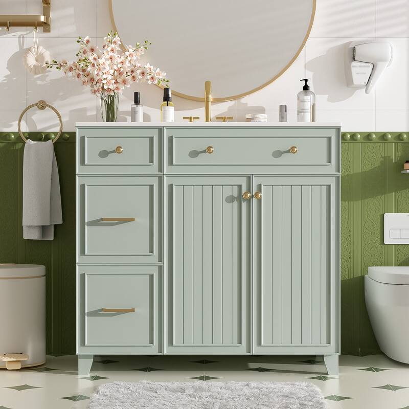 GDFStudio - Elise 36" Transitional Bathroom Vanity with Resin Sink, 2 Drawers, Shelf & 2 Doors - Green