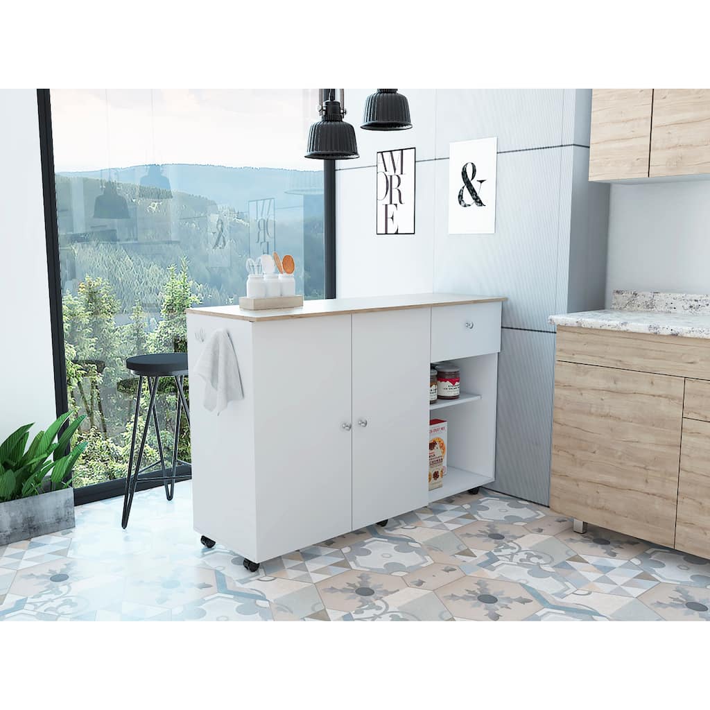 Kitchen Island Cart Victoria, Four Interior Shelves, Six Carters, One Drawer, Double Door Cabinet -White / Light Oak