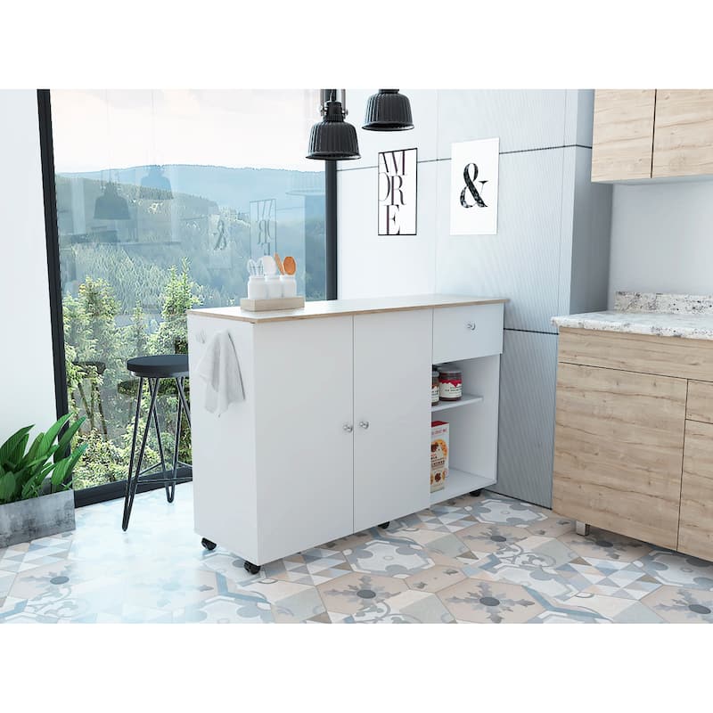TUHOME Victoria Kitchen Island with 4 Interior Shelves, Casters, Drawer and Double Door Cabinet - White/Pine