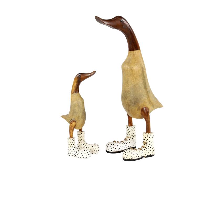 Brown Bamboo Wood Duck Decorative Sculpture (Set of 2)