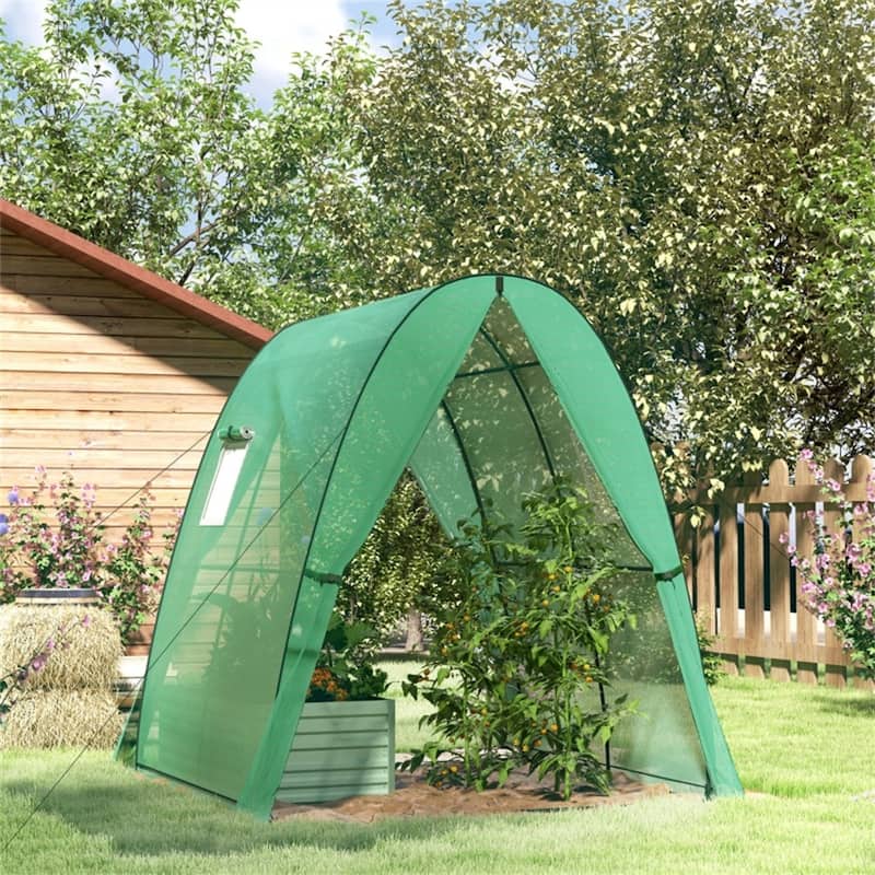 PE Steel Gothic Arch Mini Greenhouse with Roll-Up Doors - Green