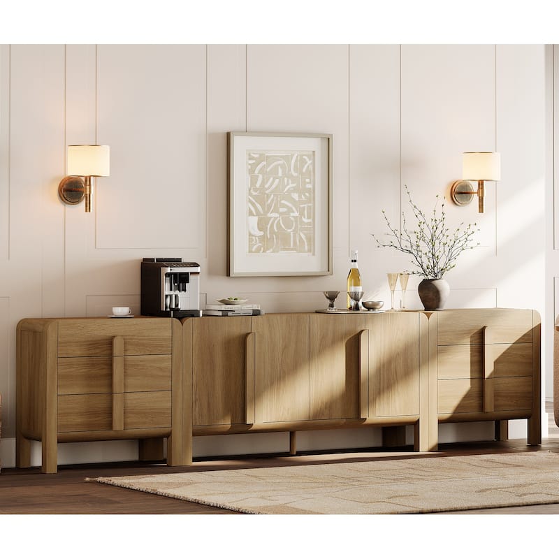 WAMPAT 3-Piece Sideboard Buffet With Storage, Mid-Century Modern 126" Wood Credenza With Doors And Adjustable Shelves
