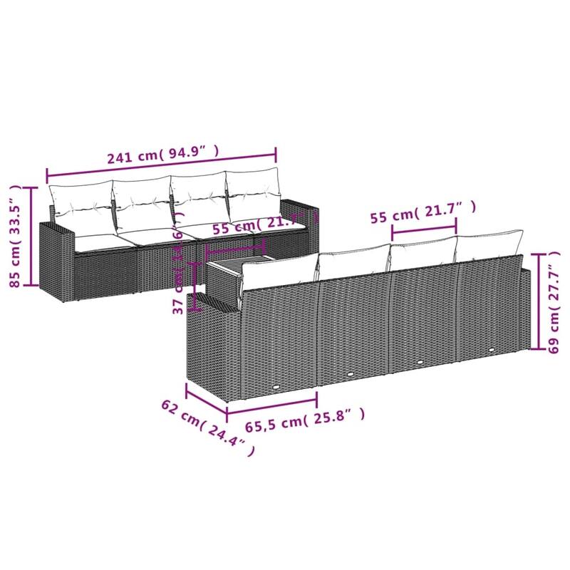 vidaXL Patio Sofa Set with Cushions Outdoor Furniture 9 Piece Poly Rattan - 25.8 x 24.4 x 27.2