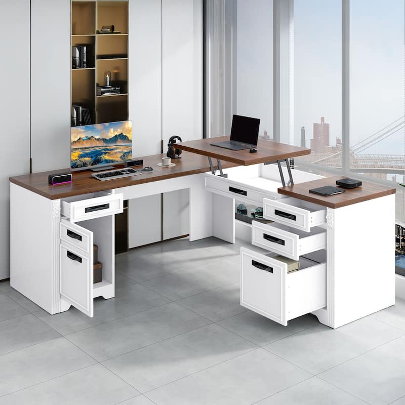 Moasis Farmhouse L Shaped Executive Desk Lift Top Office Desk with Drawers and Cabinet
