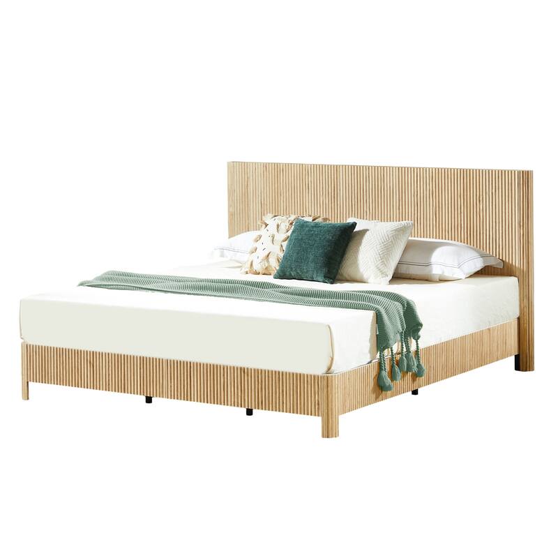Wooden Corrugated Bed Frame Contemporary Rustic Platform Bed with 44.5" High Headboard/Metal Tubes Support/No Box Spring Needed