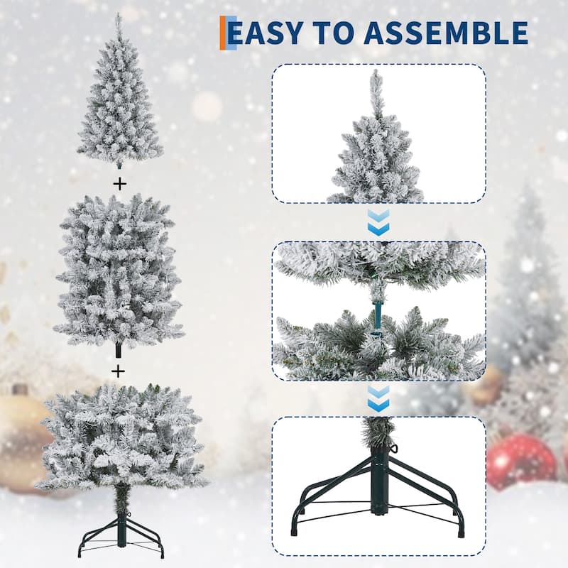 6ft Prelit Flocked Pencil Christmas Tree with Lights, Slim Artificial Xmas Tree with Snowy Branch