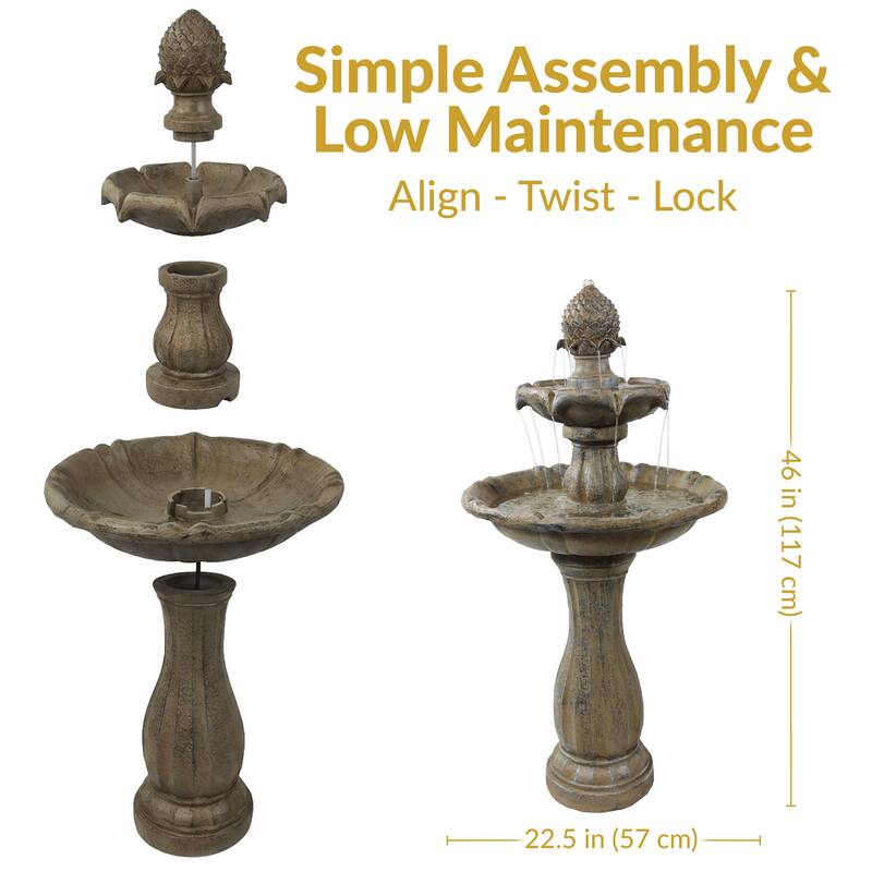 Sunnydaze 2-Tier Pineapple Solar Fountain with Battery Backup - 46" H - 46-Inch