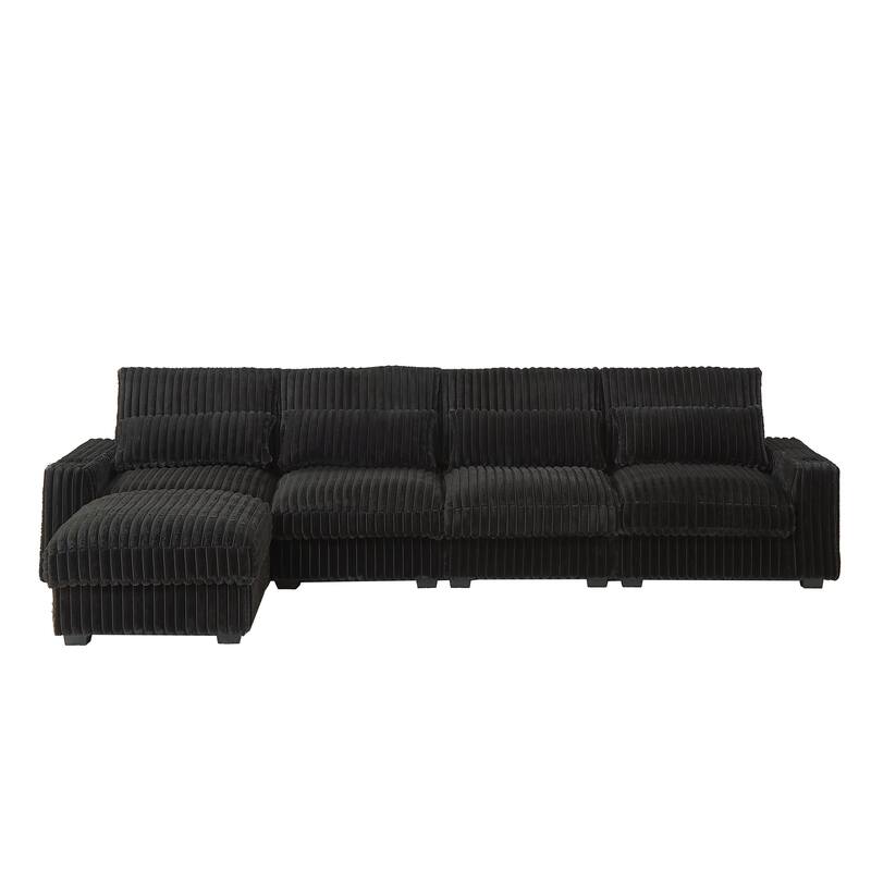 Modern 126-inch Corduroy Sofa with 4 Cushions, Movable Footrest, USB Ports, and Cup Holders