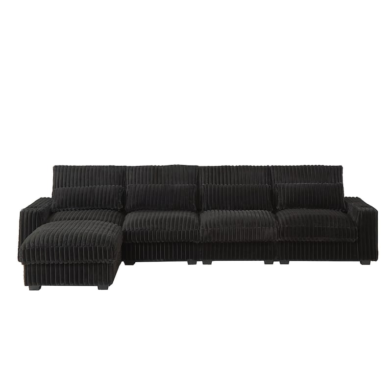 Super Large 126-Inch Corduroy L-Shaped Sofa with Cup Holders, USB Port, Movable Footrest, and 8 Cushions.