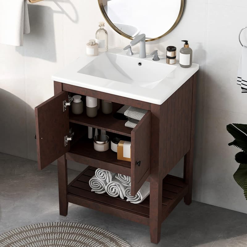 24" Bathroom Vanity Ceramic Sink with Solid Wood Frame Open Style Shelf