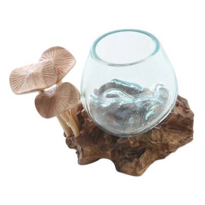 Novica Handmade Spring Mushrooms Wood And Glass Sculpture