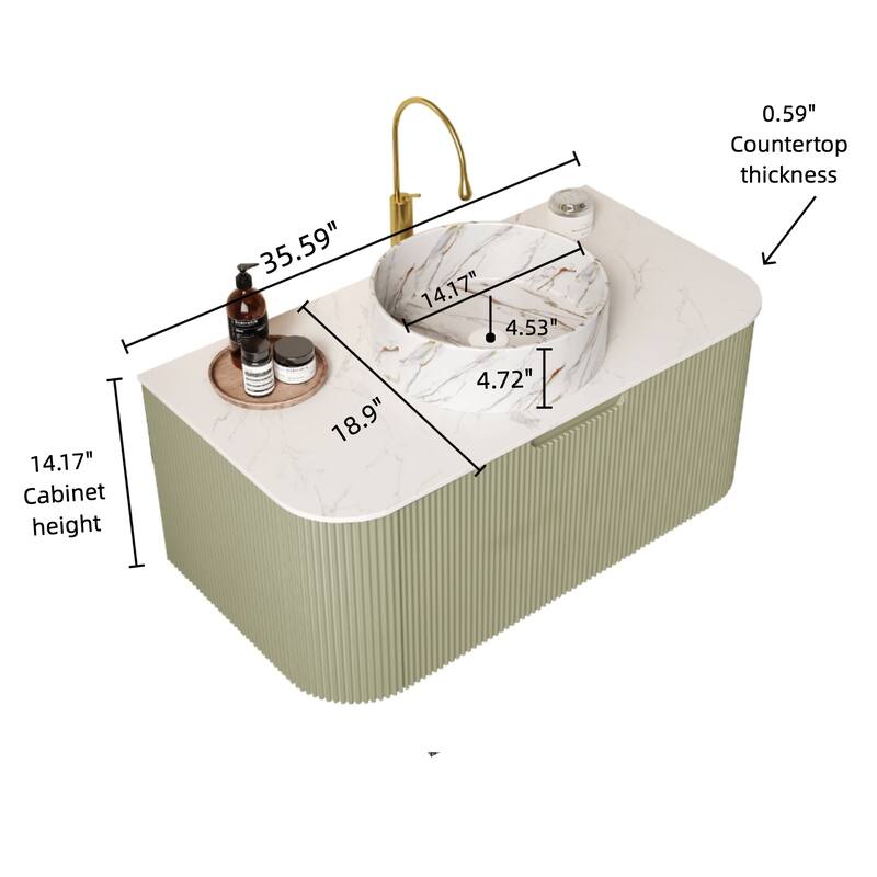 24 Inch/30 Inch/36 Inch Wall-Mounted Bathroom Vanity Cabinet with Counter Top Sink, Round Ceramic Basin with Stone Pattern