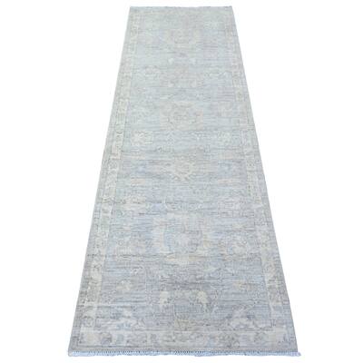 Gainsboro Gray, Hand Knotted, Pure Wool, White Wash Peshawar, Natural Dyes, Runner Oriental Rug 2'6"x7'10" - 2'6" x 7'10"
