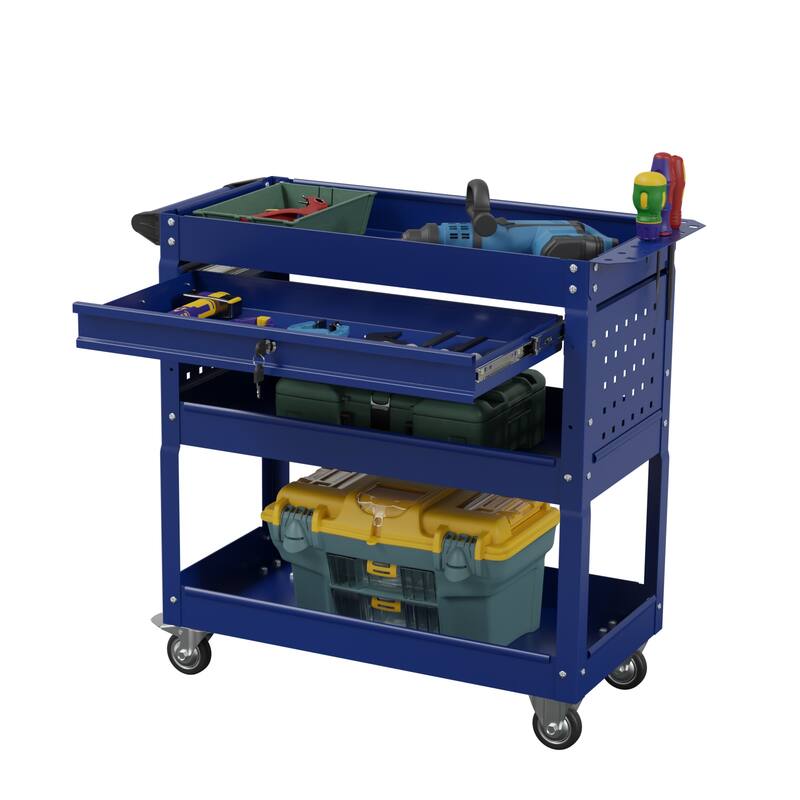 3-Tier Rolling Tool Cart on Wheels for Mechanics with Utility Drawer - Dark Blue