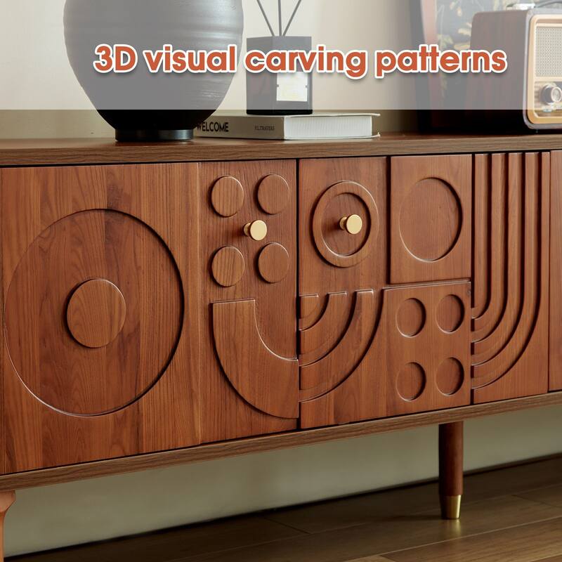 Mid-Century Modern TV Stand-Walnut Entertainment Center with 4 Storage Cabinets, Fits 55+ Inch TVs, Minimalist Design for Living