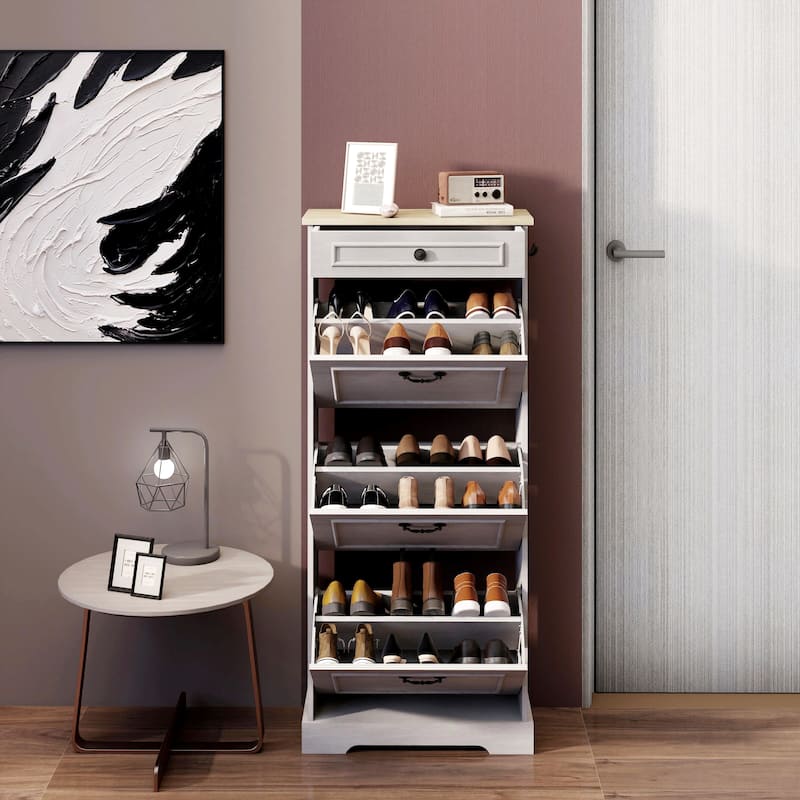 Antique White Freestanding Shoe Storage Cabinet with 1 Drawer, 3 Flip-Up Compartments, and Adjustable Shelf