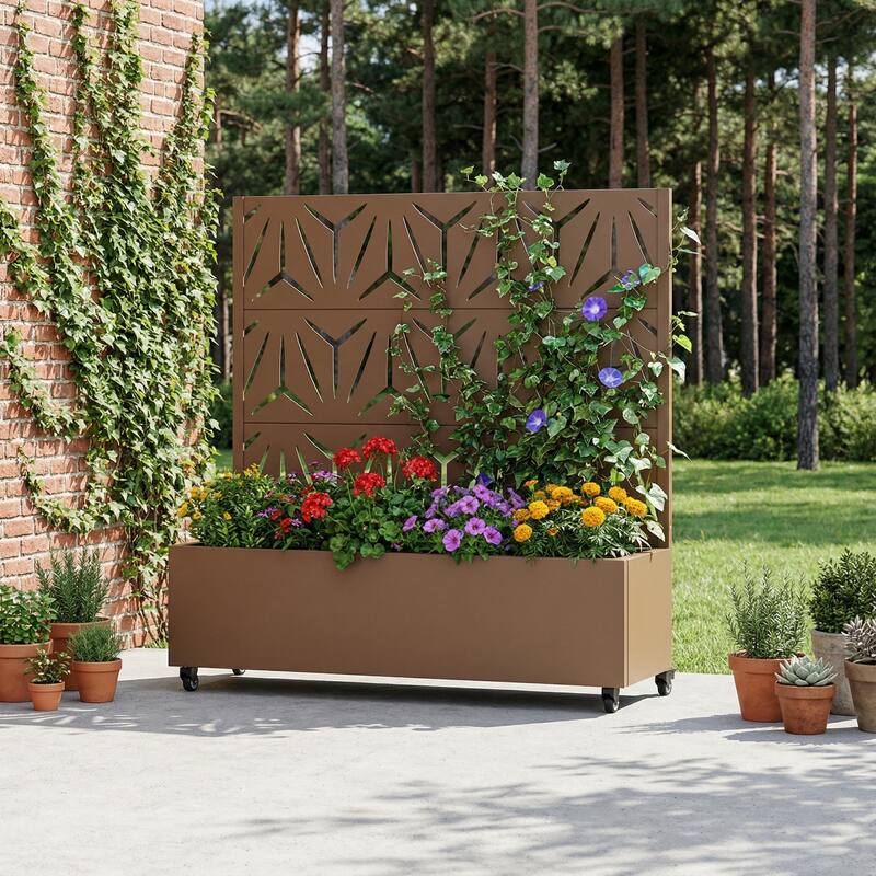 Metal Galvanized Planter Box with Trellis Privacy Screen Lockable Wheels - Brown-Rectangle - 47"x47"