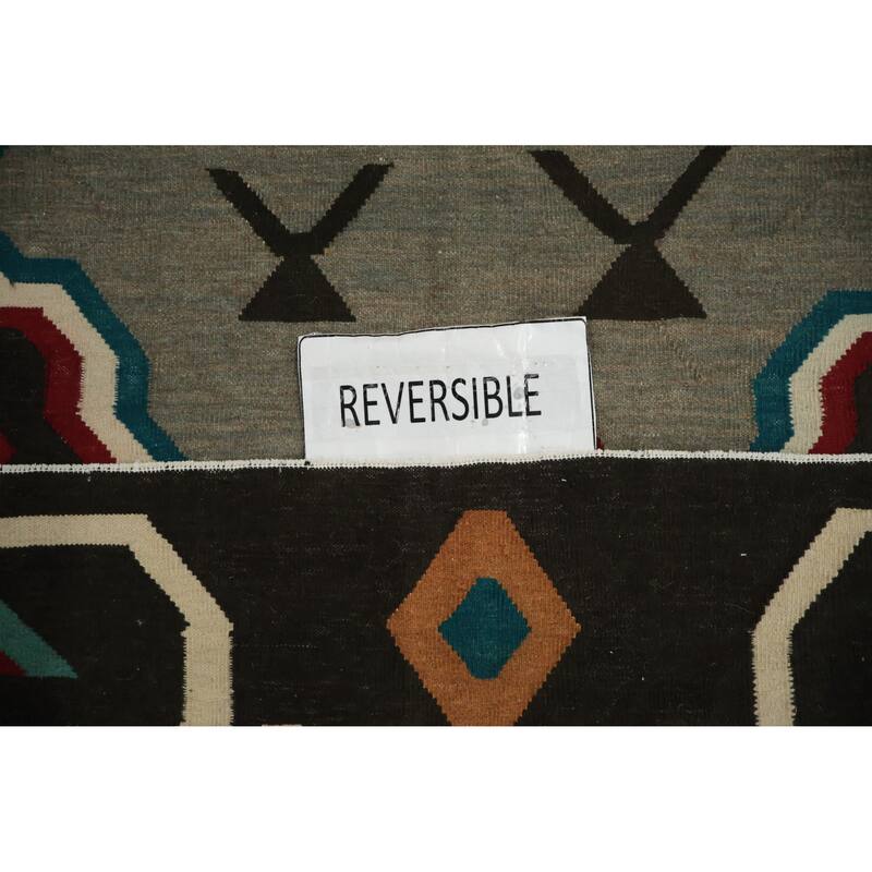 Hand Woven Oriental 100% Wool Carpet Southwestern Modern Black Kilim Area Rug - 9' 11'' X 6' 9''
