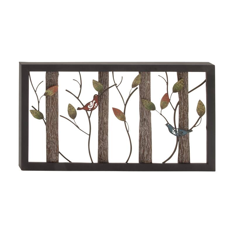 Black Metal Bird Wall Decor with Tree Branches and Colorful Leaves
