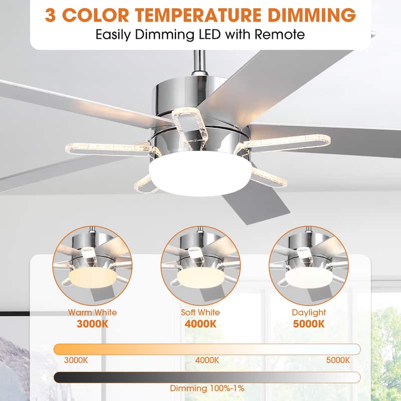 52-Inch Chrome Modern Integrated LED Ceiling Fan with 5 Acrylic Bars and Remote