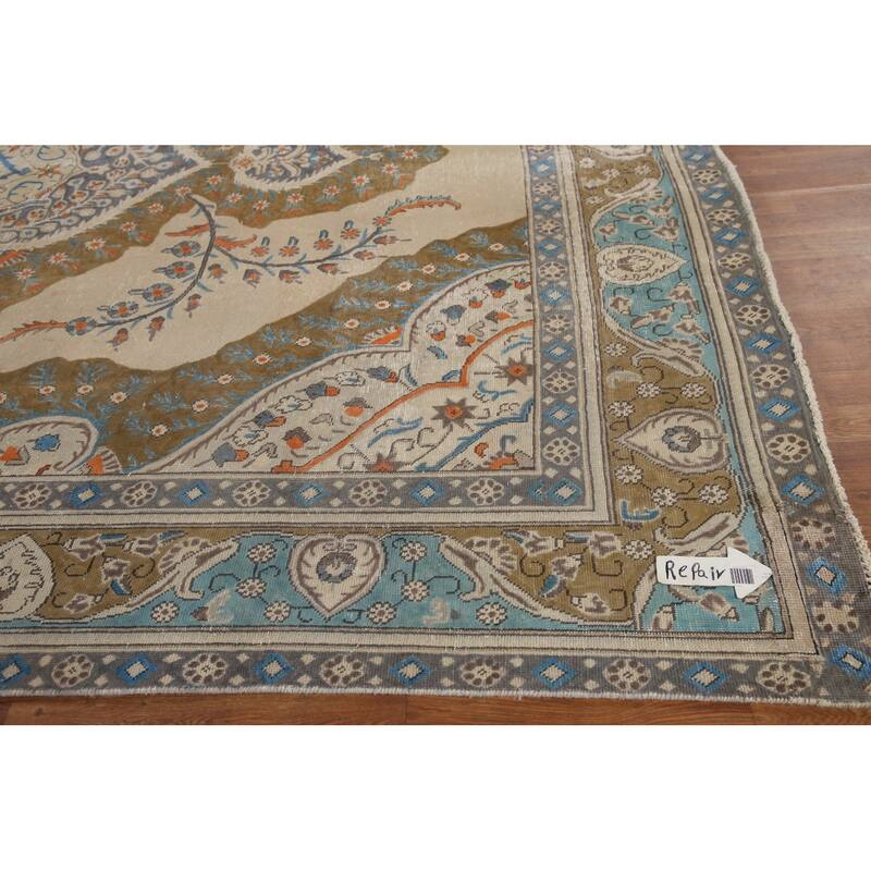Hand Knotted Oriental 100% Wool Carpet Traditional Medallion Beige & Ivories Tabriz Area Rug - 12' 8'' X 9' 4''