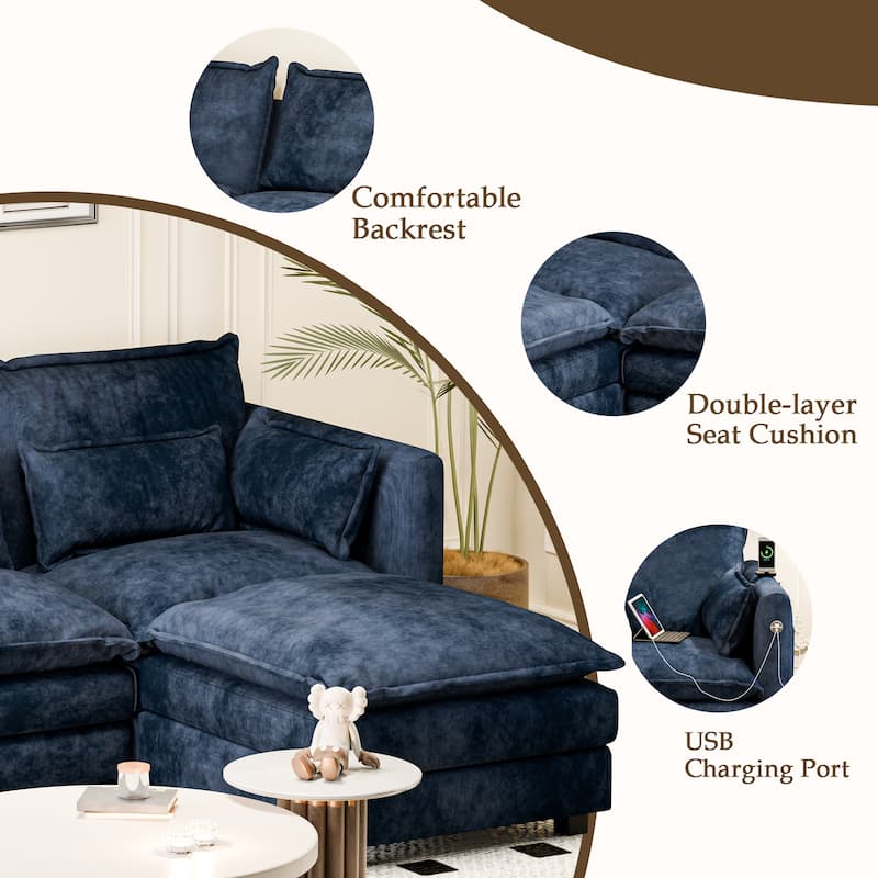 Modular Sectional Sofa L Shaped Couch, 3/4 Seat Sofa Set with Ottoman, Chenille Fabric