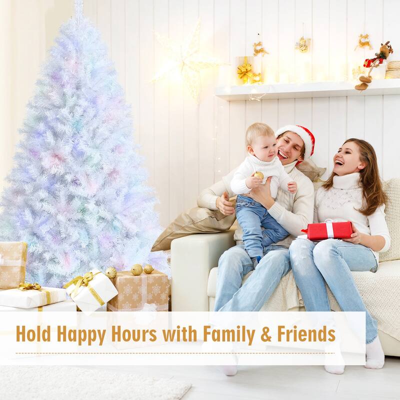 Gymax 6/7/8 FT White Artificial Christmas Tree Hinged Unlit Iridescent