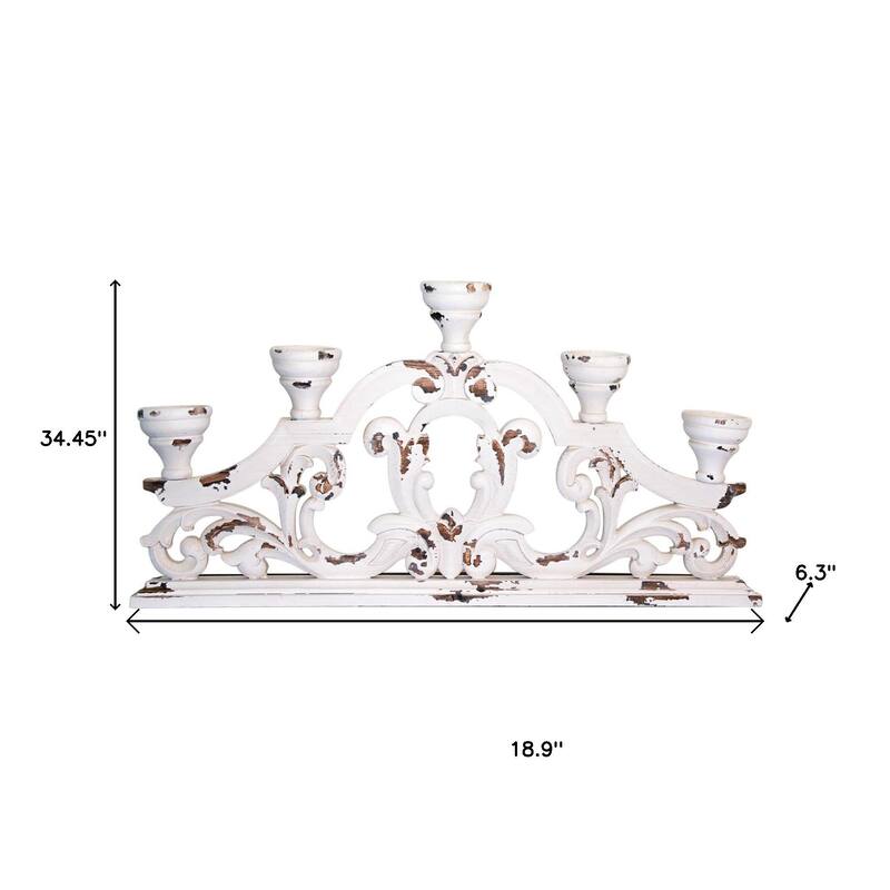 34" White Distressed Wood Tabletop Five Light Candelabra