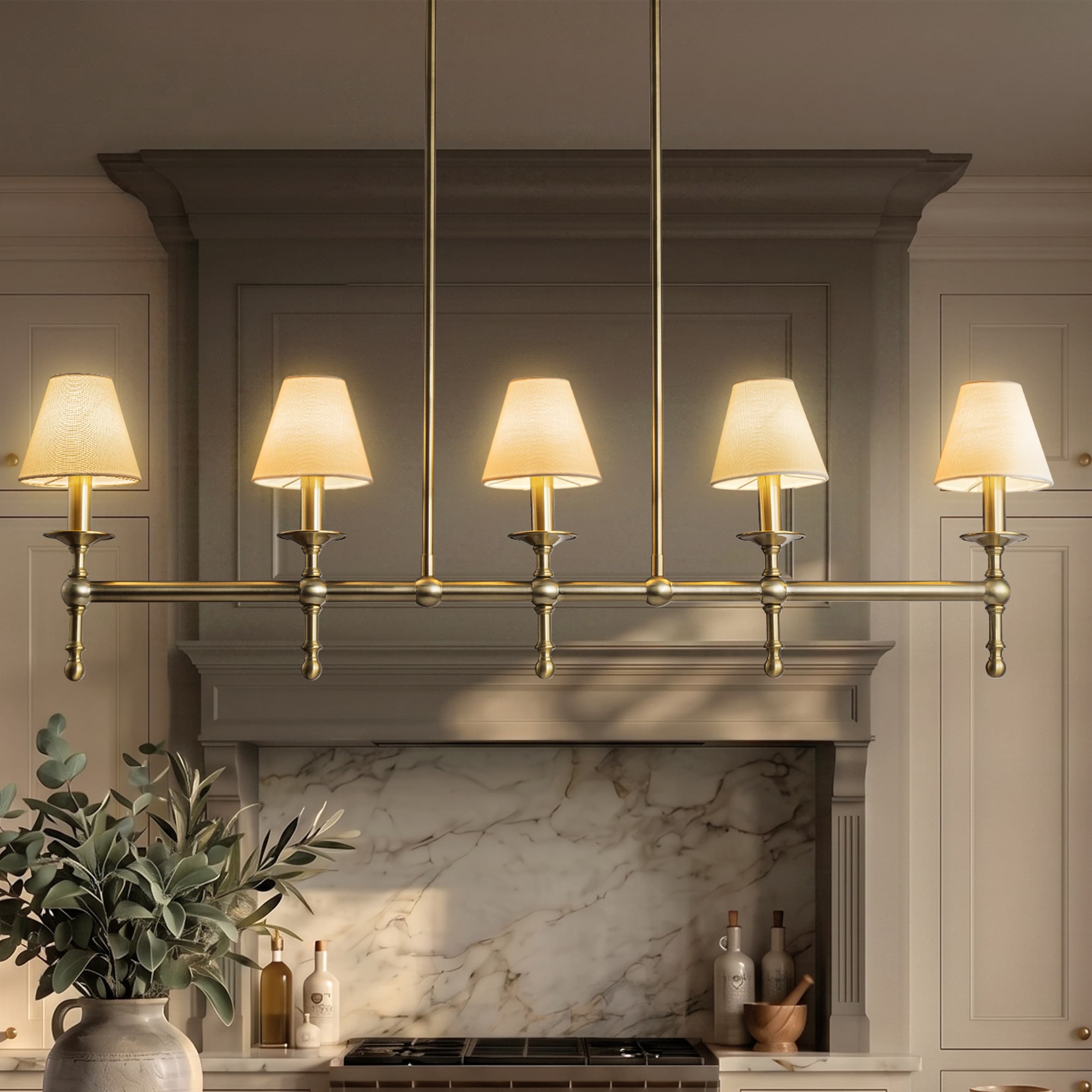 Transitional Warm Brass Linear Chandelier with Fabric Shades for Dining Room Kitchen Island - W48''
