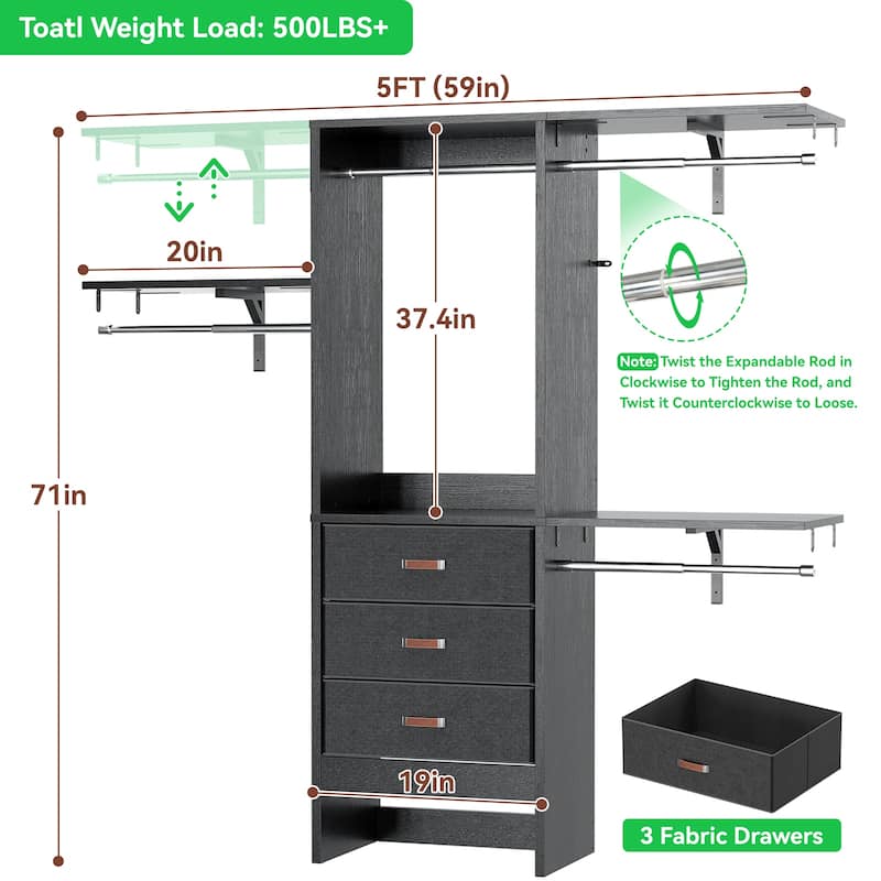 4FT Kid‘s Closet System with Fabric Drawers, DIY Closet Organizer with Adjustable Hanging Rods