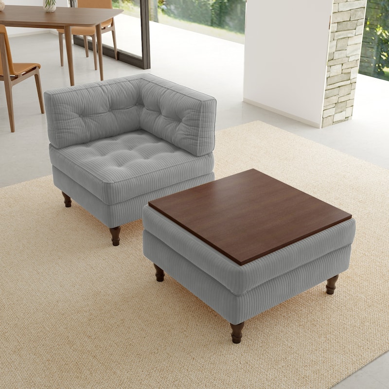 Corduroy Tufted Accent Chair Armchair and Ottoman Set