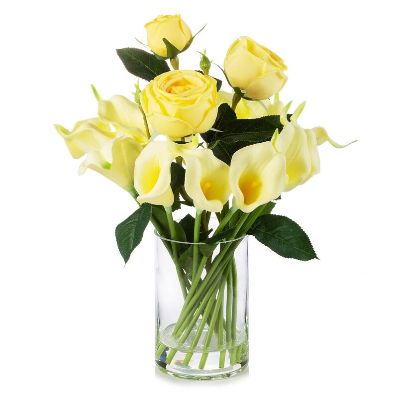 Enova Home Mixed Artificial Real Touch Lily and Rose Flower Arrangement in Clear Glass Vase with Faux Water For Home Decoration - Yellow