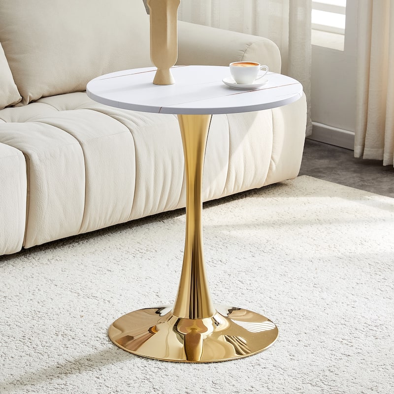Round Tulip Dining Table, Kitchen Table with Thickened Tabletop, Bistro Table Circle Table Coffee Table - Gold+White
