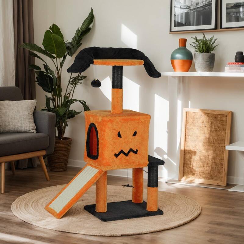 39" Halloween Cat Tree with Condo, Sisal Scratching Posts & Toys - 25.2" L × 12.0" W × 39.0" H - Orange-Black