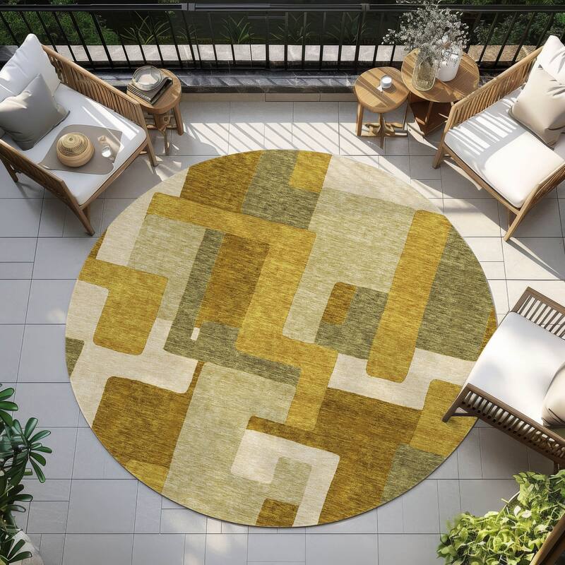 Machine Washable Indoor/ Outdoor Contempoary Blocks Chantille Rug - Wheat - 8' x 8'