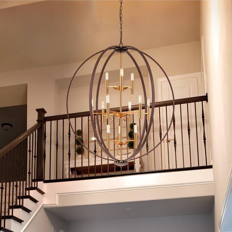 12-Light Brown Aged Brass Mid-Century Modern 3-Tiered Oversized Chandelier with Candle Style - 35.4 in. W x 41.3 in. H