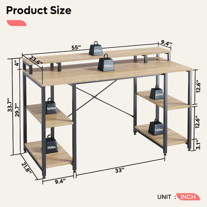 55 Inch Dual Monitor Computer Desk with Adjustable Shelves