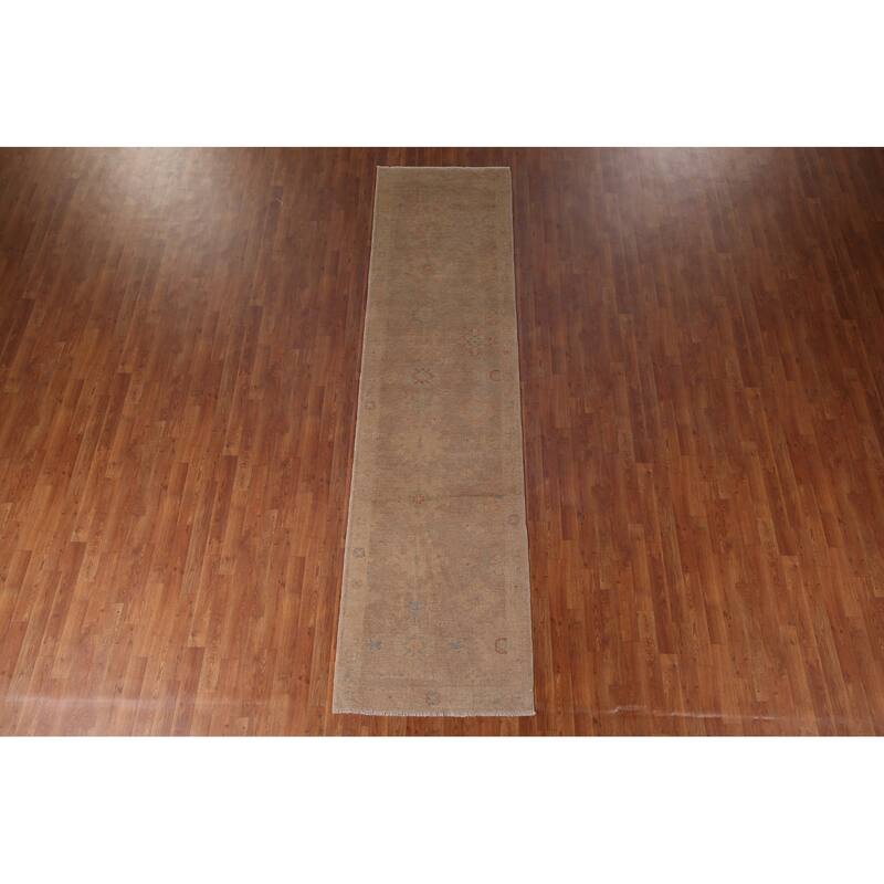 Earth Tone Oushak Turkish Runner Rug Handmade Wool Carpet - 3'0" x 11'5"