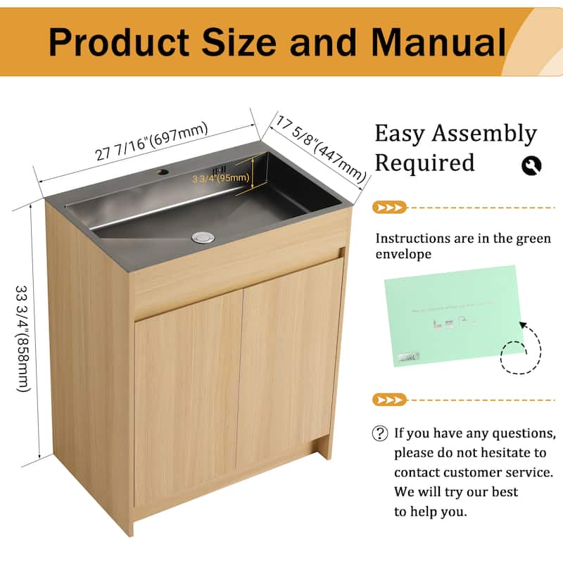 Malwee 28" FreeStanding Bathroom Vanity with Stainless Steel Sink, Floor Stand Bathroom Vanity with Flexible Drain Pipe