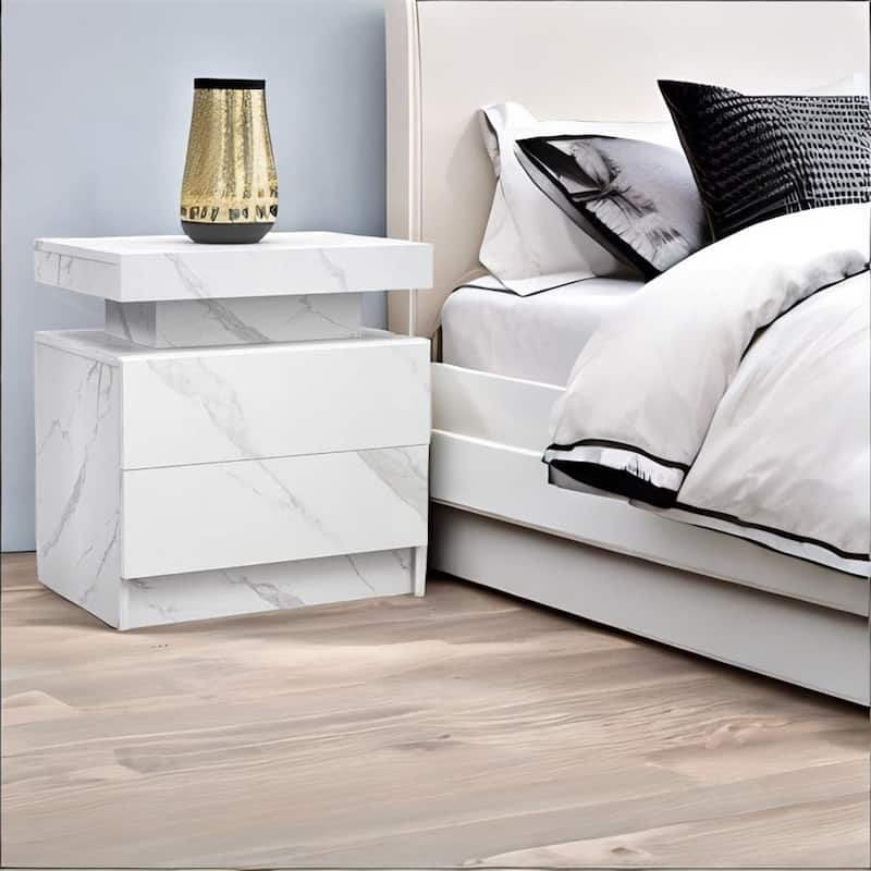 Modern Bedroom Nightstand with LED Lights Decoration and 2 Drawers
