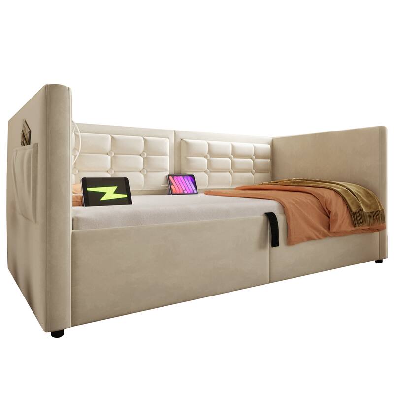 Beige Velvet Twin Daybed with Hydraulic Storage, USB Charging & Tufted Back!