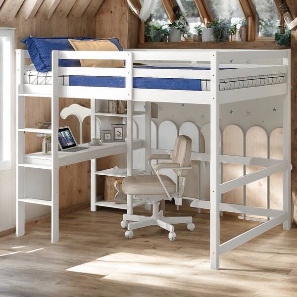 slide 2 of 30, Modern Full Size Loft Bed With Desk And Shelves,Space Storage for Bedroom White