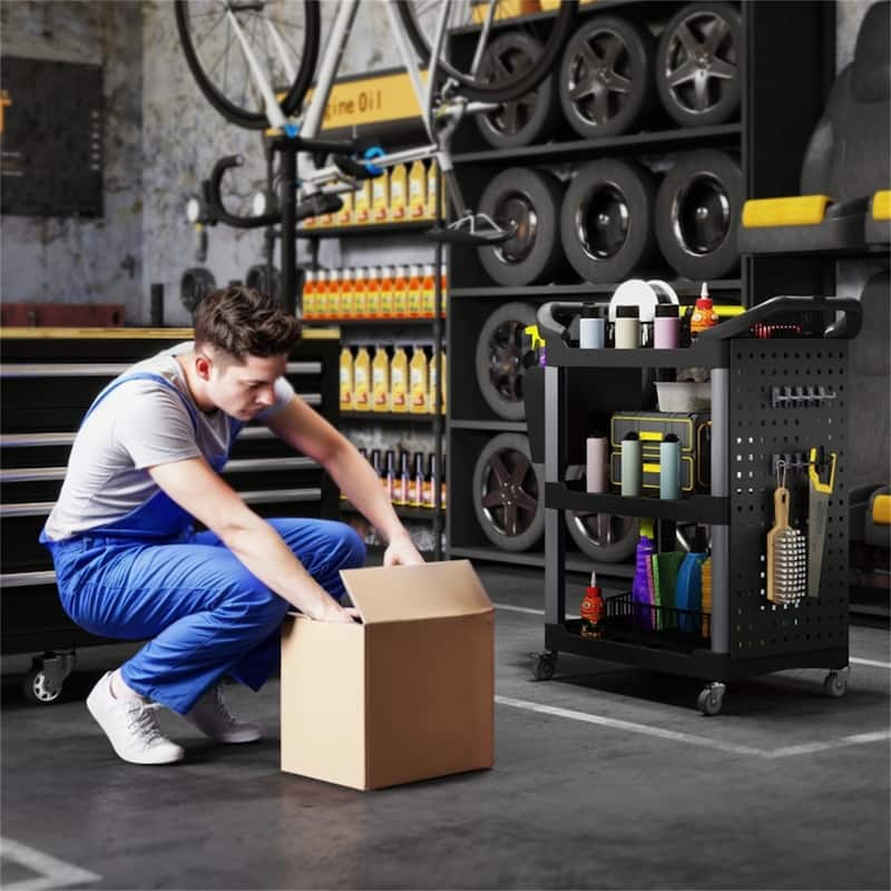 Adjustable Workshop Stool with Lumbar Support, Locking Wheels and Metal Tray and Bottle Holders