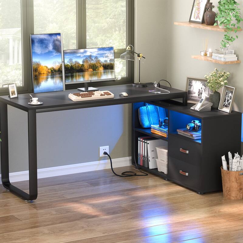 Power Rack Computer Desk Reversible 55'' L Shaped Desk with File Cabinet & Power Outlet,Corner ...